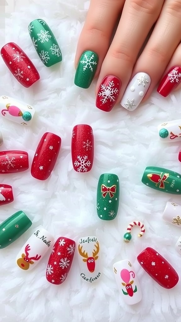 A collection of 50 creative Christmas nail designs in red, green, and white with festive patterns.